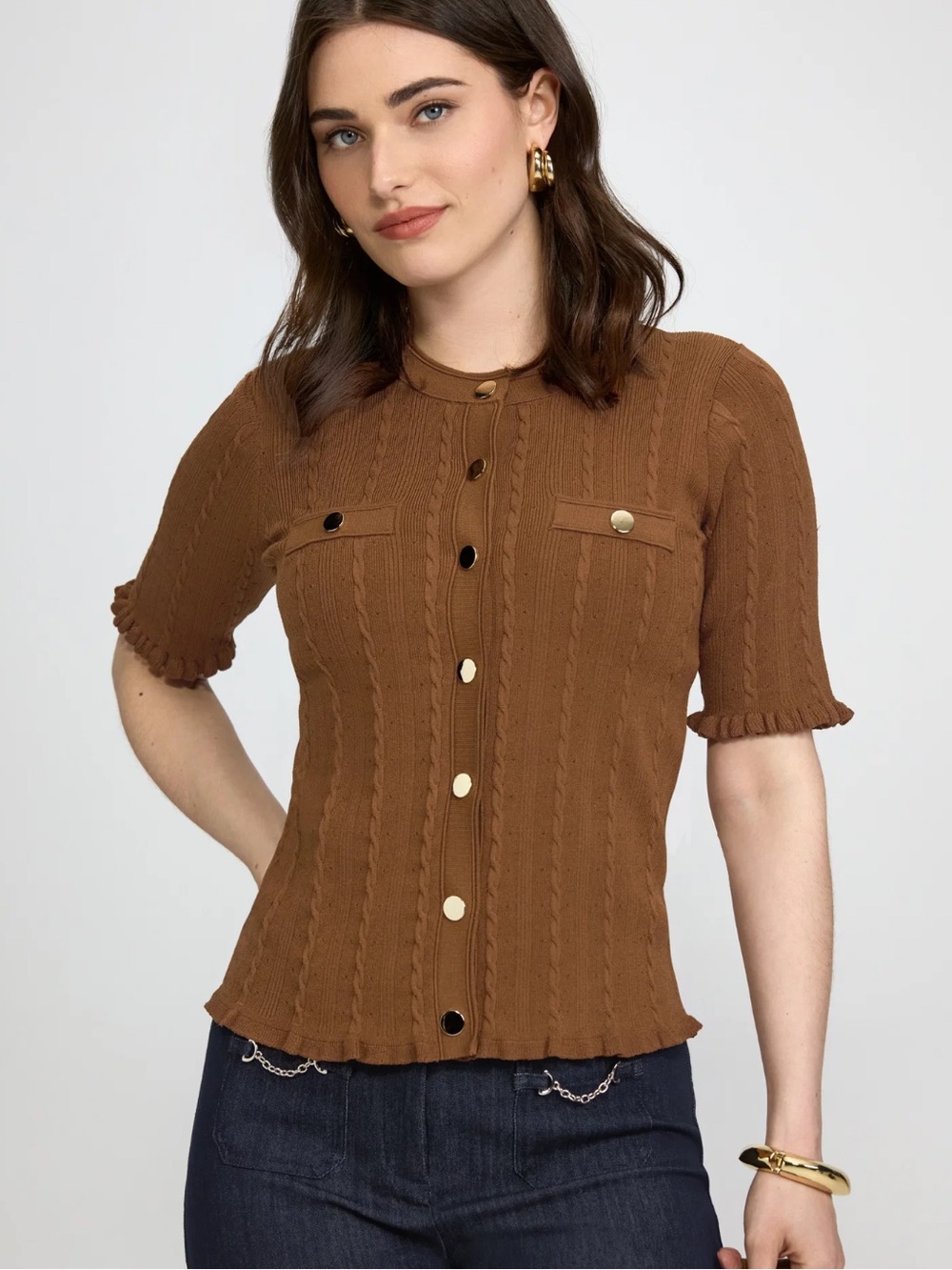 Laura Cable Knit Short Sleeve Cardigan Amber Clay Brown